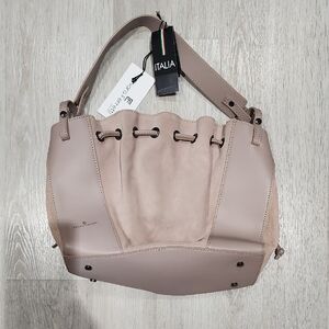 Chiara Ferragni Blush Tan Leather & Suede Drawstring Shoulder Bag